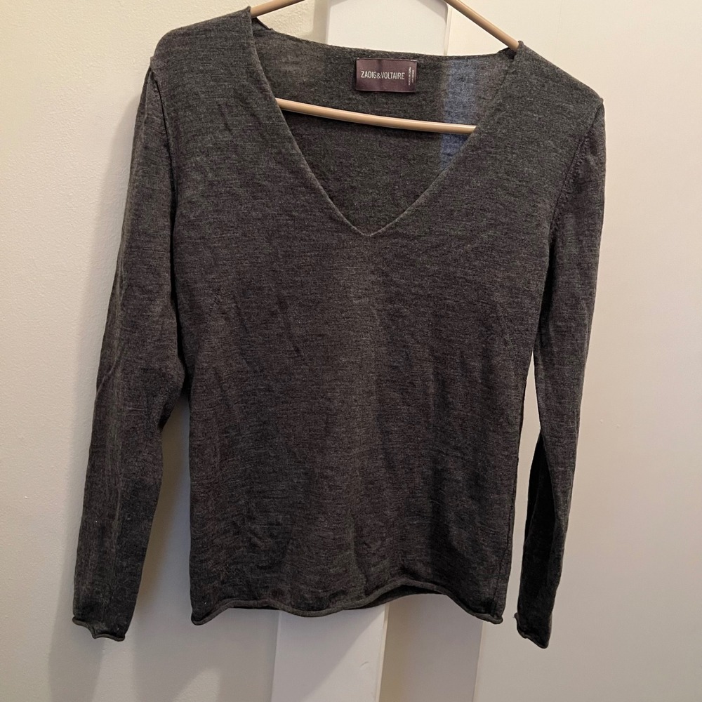 Zadig & Voltaire Merino Wool Sweater Medium Studded Wings Gray V Neck